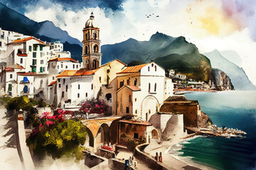 Landscape with Atrani town at famous amalfi coast, Italy. Generative Ai