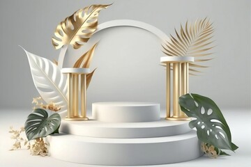 Tropical flowers 3D rendering of pastel podium stand minimal background. Generative Ai.