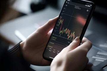 Close up of hand holding smartphone with stock chart trading interface on blur background. AI generative