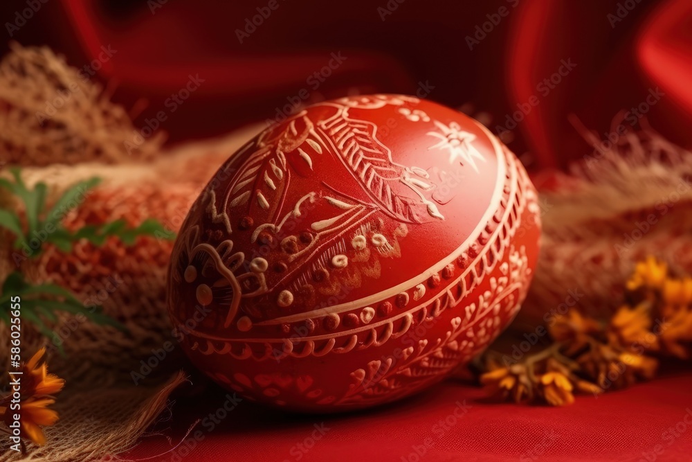 Poster bright red easter egg resting on a wooden table created with generative ai technology