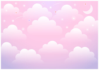 雲のある月夜のファンシー背景ヨコピンク