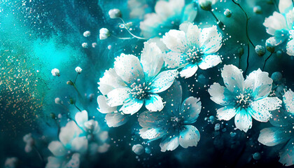 turquoise white soft spring flowers sparkles Generative AI