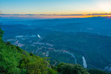 Sunrise aerial view of Monistrol de Montserrat  in Spain