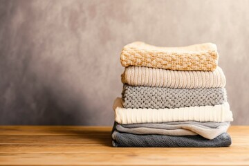 stack of clothes on the wooden table, pile of woolen sweaters isolated on wooden table