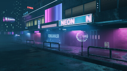 The city street of a futuristic city in the style of cyberpunk of the 80s with holograms and bright neon signs of hotels and cafes and various others in 3d render illustration format