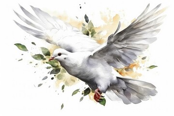 watercolor painting featuring a white dove surrounded by green leaves created with Generative AI technology