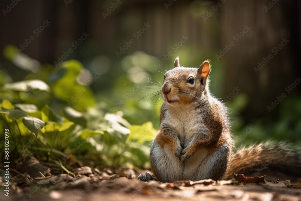 Poster cute squirrel perched on a tree branch in a forest created with generative ai technology