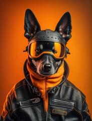 Obraz na płótnie Canvas Portrait of bad dogs wearing jacket on orange background. Created Generative AI