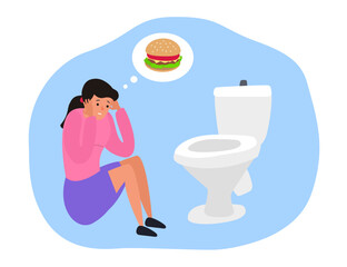 bulimia  disease woman sitting  next to  toilet bowl think about burger fast food vector illustration - obrazy, fototapety, plakaty