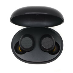 black wireless noise cancelling earbuds head set with a charging power bank case isolated in a...