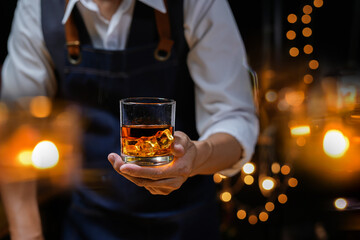 Bartender Serve Whiskey, on wood bar, 