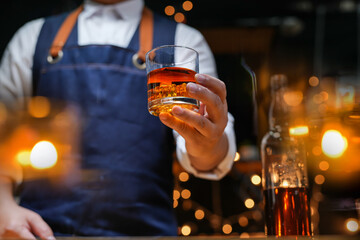 Bartender Serve Whiskey, on wood bar, 