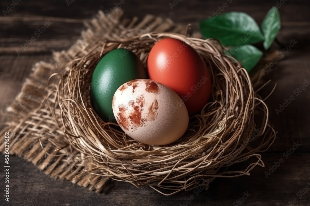 Poster illustration of three eggs in a nest on a rustic wooden table created with generative ai technology