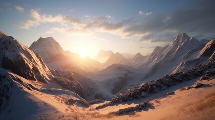 Sunset in the mountains. Sunrise in the mountains. Beautiful winter landscape,Mountain landscape at sunset. Panoramic view of the mountains.Generative Ai