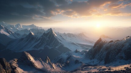 Sunset in the mountains. Sunrise in the mountains. Beautiful winter landscape,Mountain landscape at sunset. Panoramic view of the mountains.Generative Ai