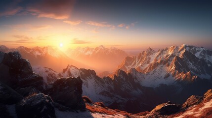 Sunset in the mountains. Sunrise in the mountains. Beautiful winter landscape,Mountain landscape at sunset. Panoramic view of the mountains.Generative Ai
