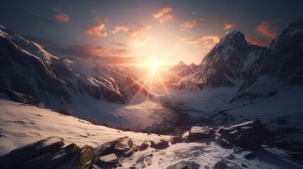 Sunset in the mountains. Sunrise in the mountains. Beautiful winter landscape,Mountain landscape at sunset. Panoramic view of the mountains.Generative Ai