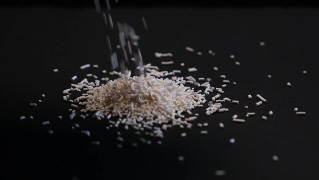 Potassium sorbate, potassium salt of sorbic acid. Chemical oblong granules. Food additive E202 used as food preservative, prevent mold and microbes and to increase shelf life.