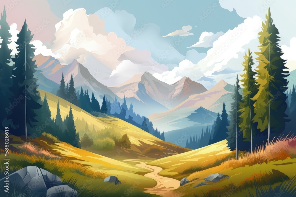 Poster serene mountain landscape with lush trees created with generative ai technology