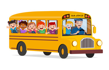 little kids boy and girl ride school bus and go to school © Colorfuel Studio