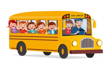 Fotobehang little kids boy and girl ride school bus and go to school © Colorfuel Studio