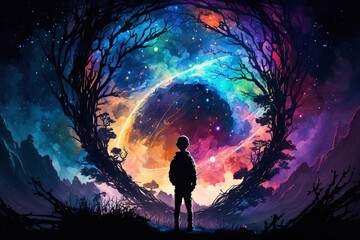 Fototapeta premium boy looking for a colorful galaxy in the sky. Generative Ai 