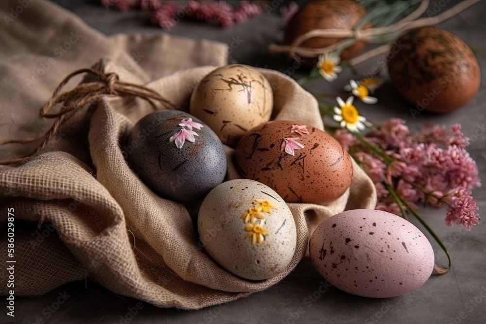 Poster pile of fresh eggs on a rustic cloth background created with generative ai technology