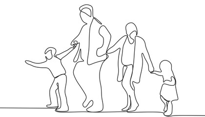Group of people continuous one line vector drawing. People of different ages together. Family portrait, friends hand drawn characters. Minimalistic contour illustration.
