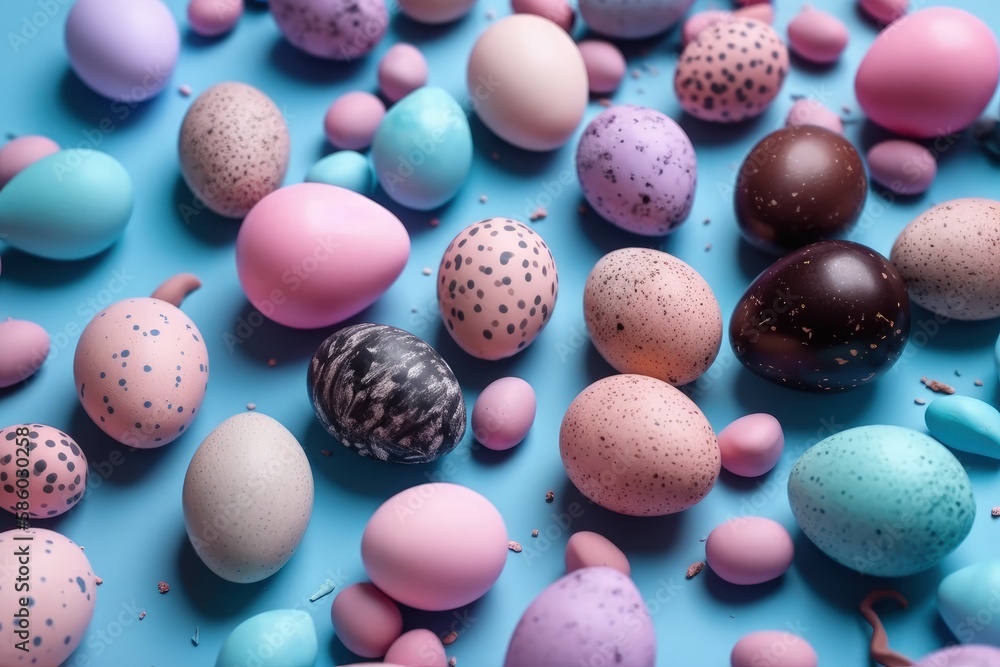 Poster illustration of colorful easter eggs arranged on a blue background created with generative ai techno