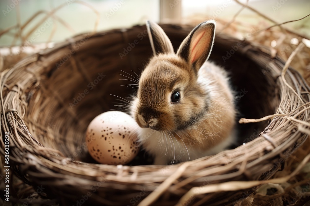 Poster bunny in a nest with colorful eggs created with generative ai technology
