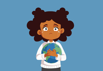 Sad Child Crying Trying to protect Planet Future Vector Cartoon Illustration. Unhappy eco activist child concerned about ecology and nature 
