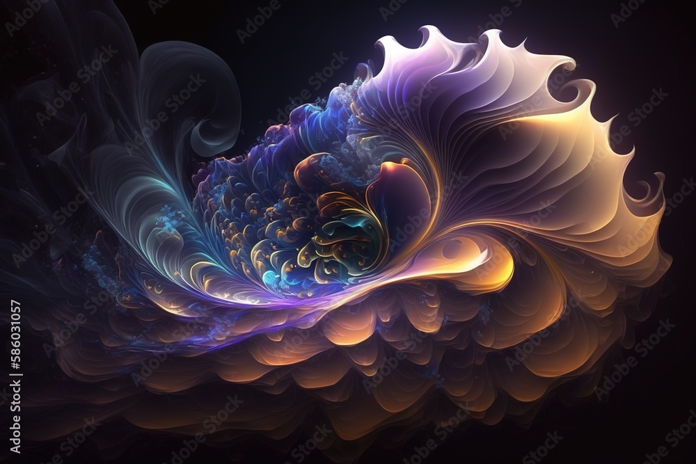Poster glow and flow, softly swirling into fractals of fluorescence generative ai