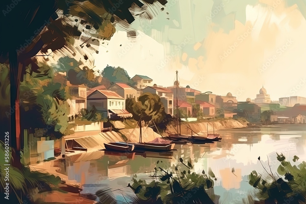 Poster bustling harbor scene with boats floating in the water created with generative ai technology