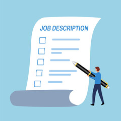 Company employee writing job description in flat design.