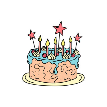 recommend clip art: Birthday cake isolated. Vector doodle hand drawn kid birthday pie. Illustration of colorful outline cake with five candles and cream