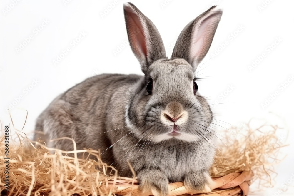 Poster cute gray rabbit perched on a stack of hay created with generative ai technology