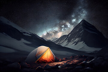 Amazing starry night sky in the mountains and illuminated tent at campsite. Generative Ai
