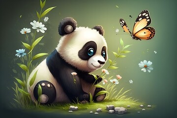 Fototapeta premium A cute panda bear sitting in the grass with a butterfly