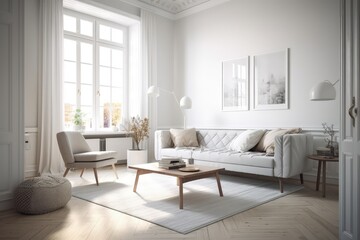 Fototapeta na wymiar modern living room with a white sofa and coffee table created with Generative AI technology