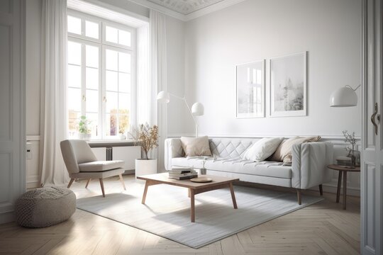 modern living room with a white sofa and coffee table created with Generative AI technology