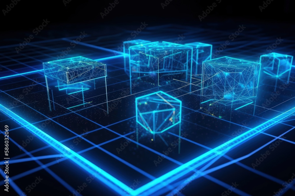 Poster illustration of glowing cubes in a dark environment created with generative ai technology