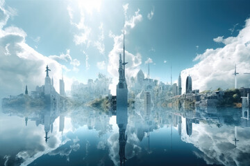 abstract new city in heaven, paradise city, afterlife, symbol of christianity, generative AI