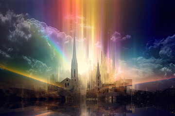 abstract new city in heaven, paradise city, afterlife, symbol of christianity, generative AI