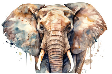 elephant head , animal, watercolor illustration isolated on white background, generative AI