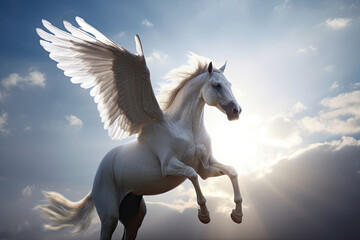 Obraz na płótnie Canvas pegasus, a mythological animal, a horse with wings, gallops against the sky, generative AI