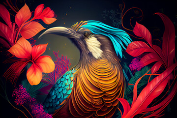 Bird of paradise on exotic colorful flower background. Generative AI, Generative, AI