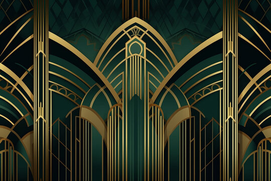 Abstract architecture background in art deco style. Golden lines on a green background.  Generative AI.