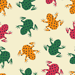 Tropical frogs hand drawn vector illustration. Colorful jungle animal seamless pattern for kids fabric or wallpaper.