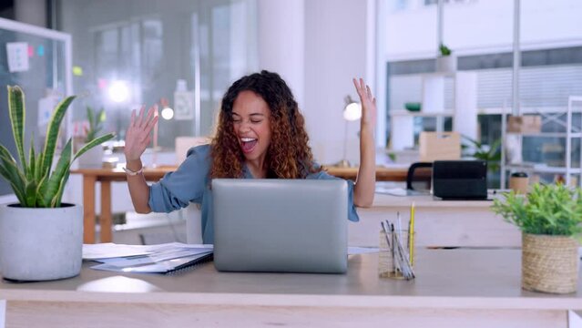 Happy woman throw papers in office success, winning or business celebration of startup news, goals or bonus on laptop. Excited winner biracial person dancing with documents and celebrate opportunity