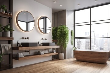 Modern Bathroom with a Bathtub, Sink, Mirrors, and Window created with Generative AI technology
